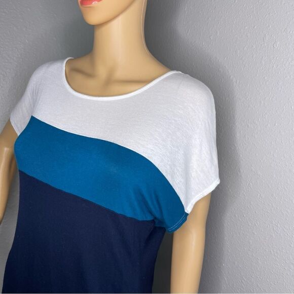Love J Short Sleeve Color Block Striped Blouse Size Large Teal Navy Blue White - Picture 3 of 10